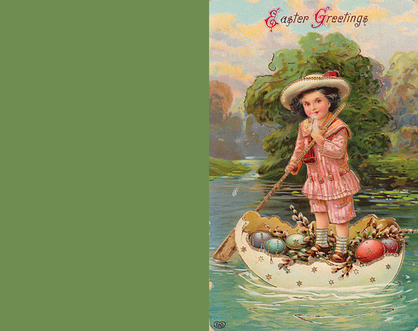 Adorable Easter greeting card with little boy on a river. 