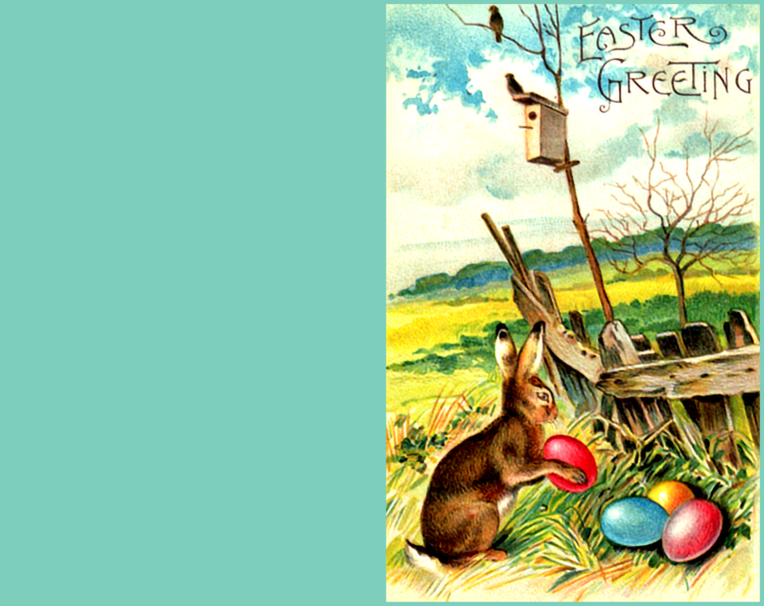 Easter greeting card with little rabbit and eggs. 