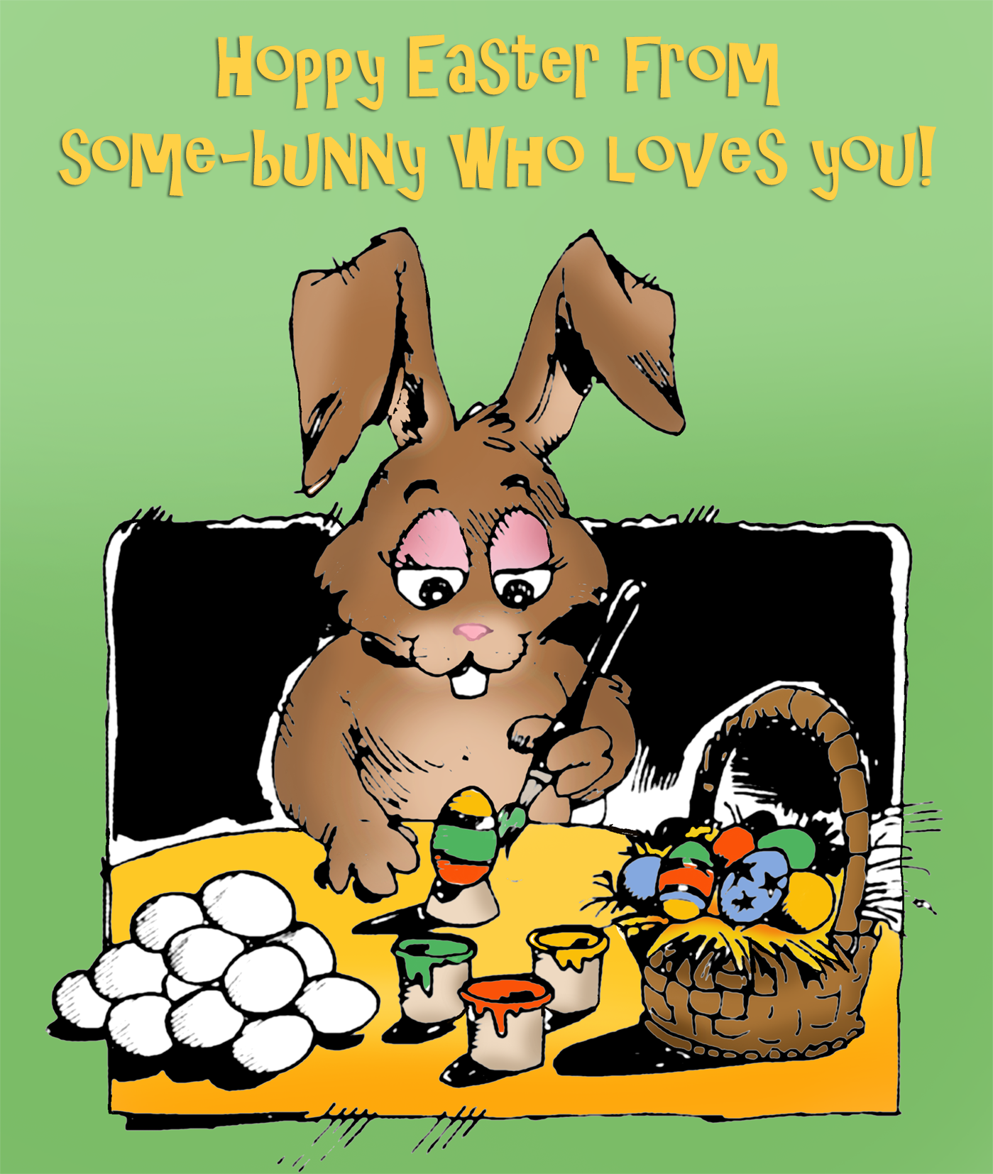 Cute Easter card for kids with the Easter bunny painting eggs.