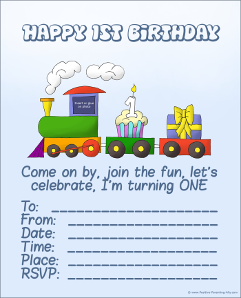 The first birthday invitation with a train with a cupcake and a present. Printable.