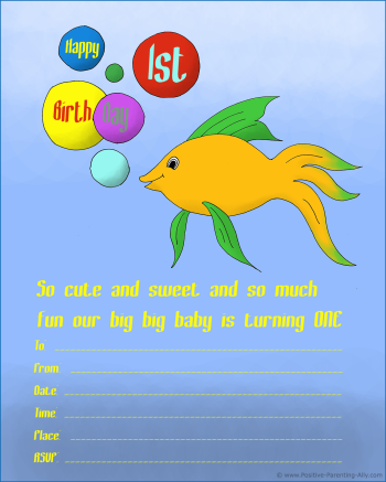 1st birthday invitations to print with animal themes: yellow fish with colorful bubbles wishing happy birthday.