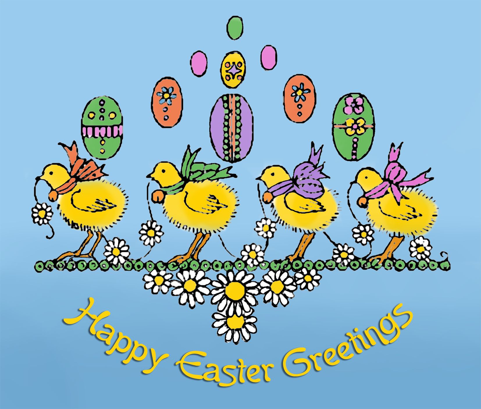 Beautiful printable Easter card with cute chickens and eggs.