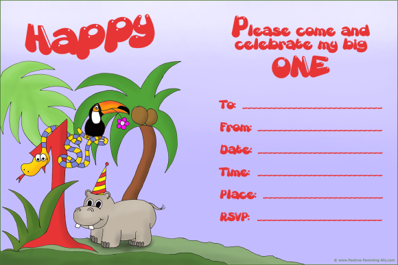 Printable 1st birthday invitation with jungle theme with a snake, hippo and tucano. Free and ready to print.