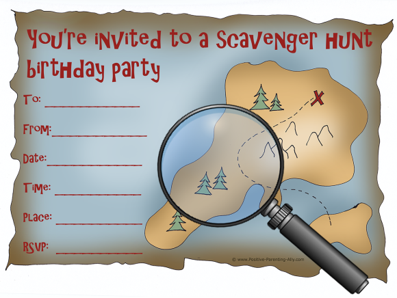 Scavenger hunt pritable birthday invitation with treasure map to print.