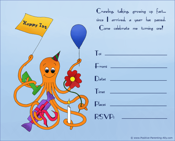 Happy octopus on 1st birthday invitation.