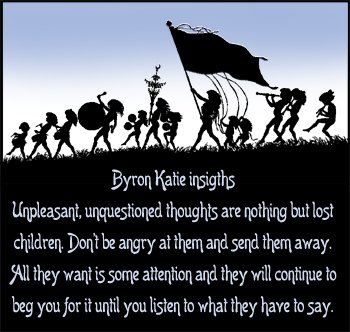 Byron Katie insights on negative thoughts as lost children. Picture of children parading.