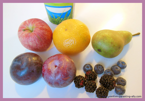 Fruit smoothie ingredients:  apple, pear, orange, plums, blueberries, blackberries.