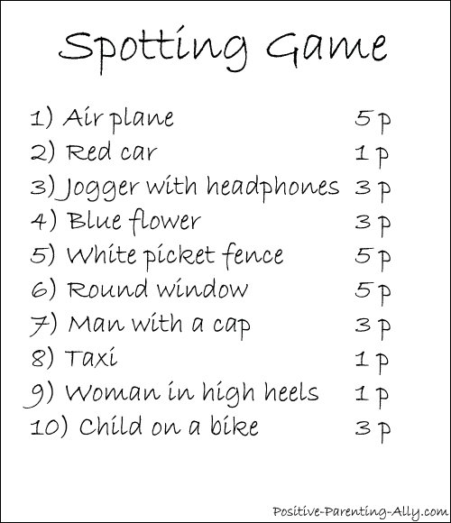 List to use in a picknic spotting game for kids.